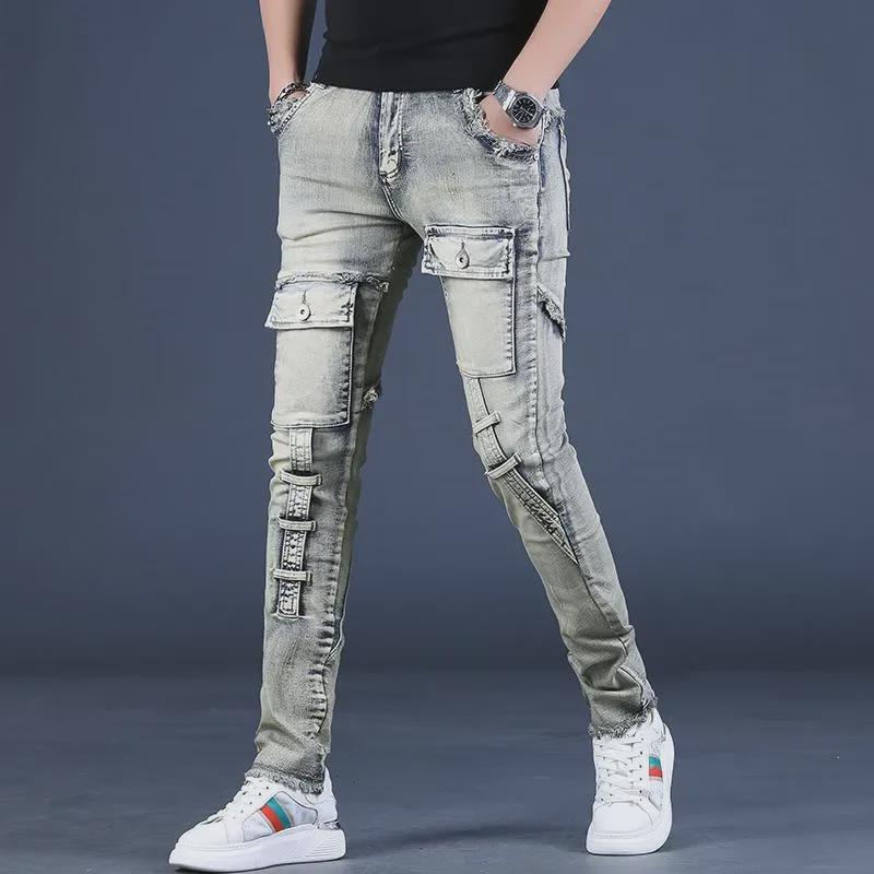 Men's American Retro Washed Slim Fit Workwear Jeans - Skinny, Scraped Edge for Spring & Autumn