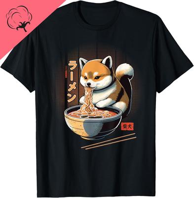 Kawaii Shiba Inu Eating Ramen  Dog Lover Gift TShirt Unisex Summer Streetwear Tops Streetwear Couple Camiseta Hombre