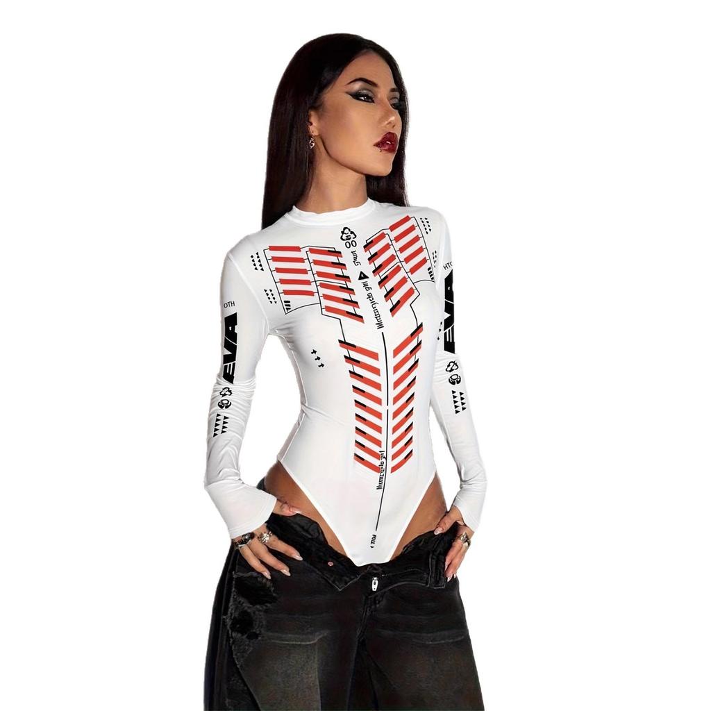 Spicy Style Women's Slimming Summer Motorcycle Jumpsuit - Print Long Sleeve, Half-High Collar Streetwear