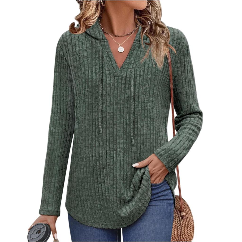 2025 Autumn/Winter Women's Plus Size V-Neck Hooded Ribbed Long Sleeve Loose T-Shirt