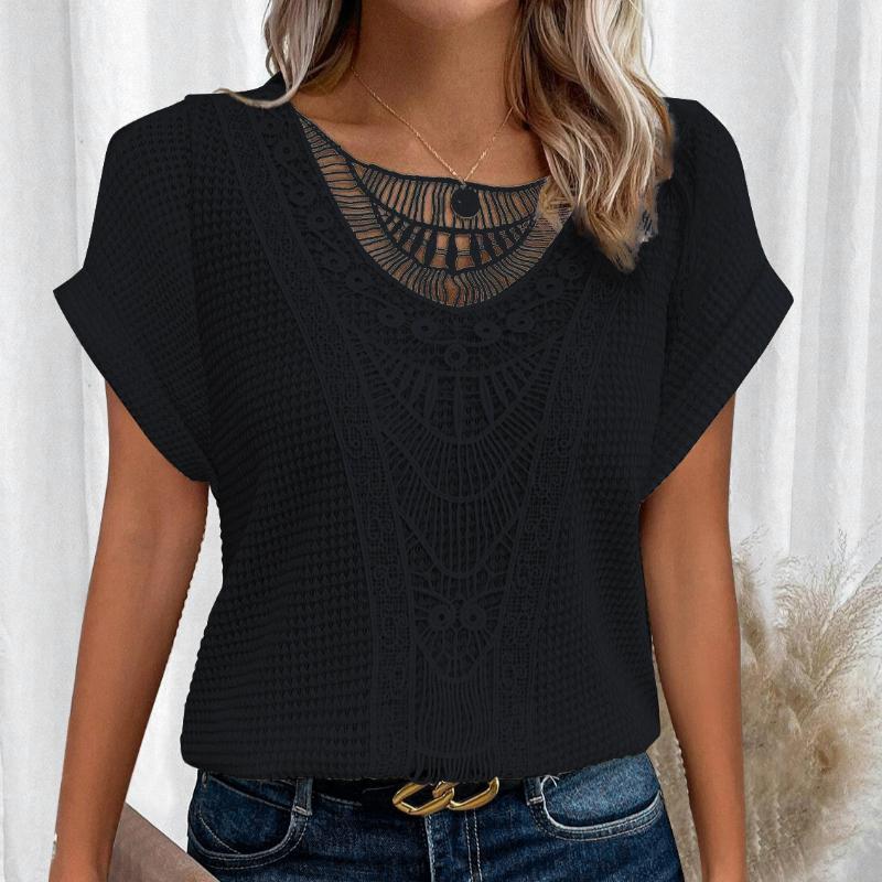 Vasariniai moteriški marškinėliai su nėriniais trumpomis rankovėmis