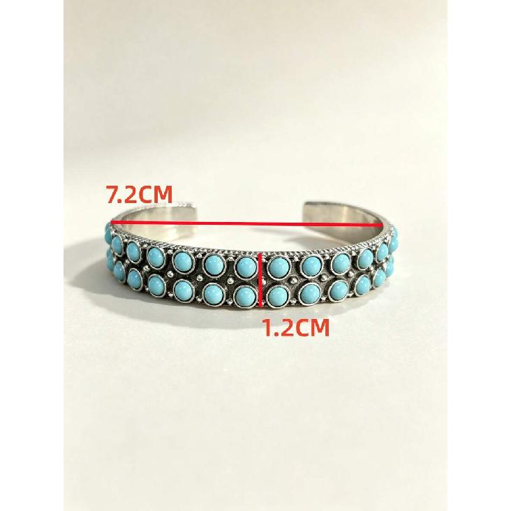 1pc Double Row Round Synthetic Turquoise Inlaid Vintage Carved Zinc Alloy Adjustable Women's Bracelet