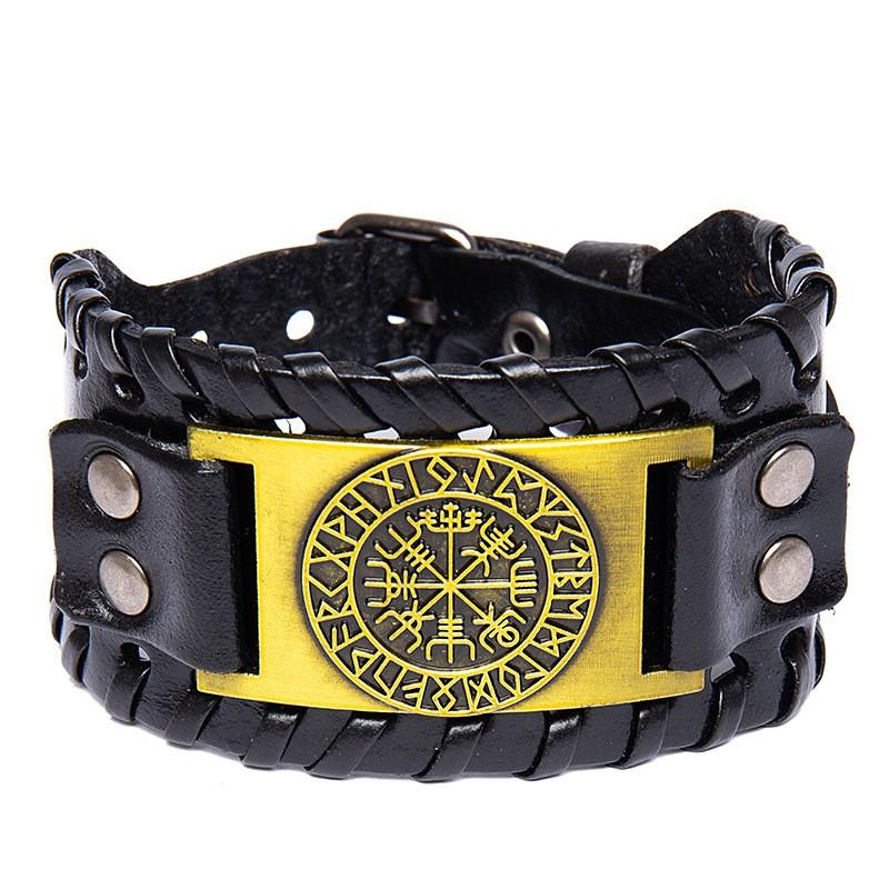 Vintage Viking Leather Bracelet With Compass Pendant Men Handmade Retro Style Adjustable Cuff Band