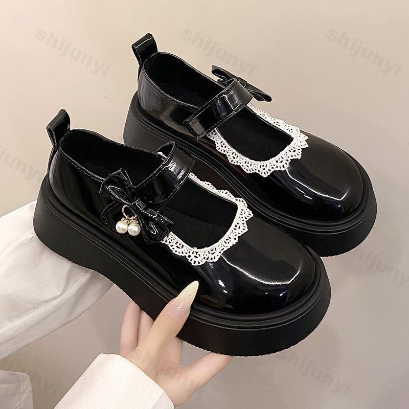 Women's Leather Shoes 2025 Spring Autumn New Height Increase Mary Jane Shoes Bow Knot Lace Comfortable Party Dress Shoes