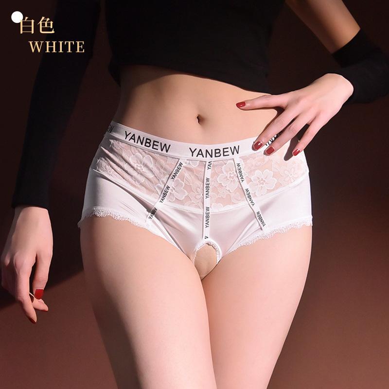 Satin Mid-Waist Tummy Control Silky Open Crotch Panties Plus Size Pure Desire Style See-Through Panties Letter Lace Shorts