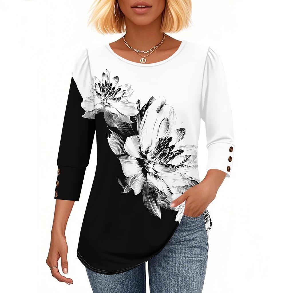Women's Fashion Casual Vintage Floral Print Round Neck Sevenfold Sleeve T-shirt Top
