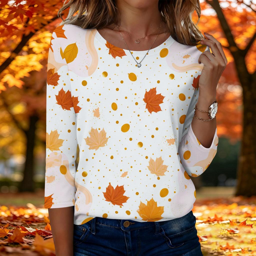 Women's Fashion Casual Three-Quarter Sleeve Round Neck Top with Leaf Print