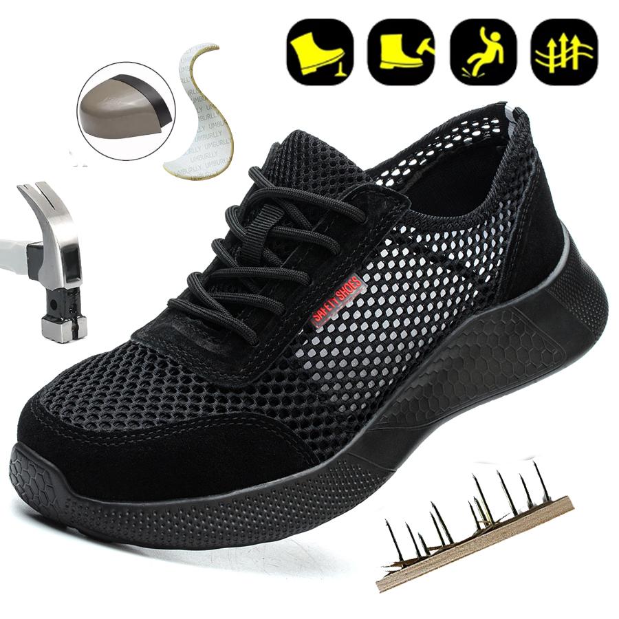 Men's Summer Steel Toe Safety Shoes Anti-Crush And Piercing Breathable Lightweight Outdoor Pure Black Work Shoes