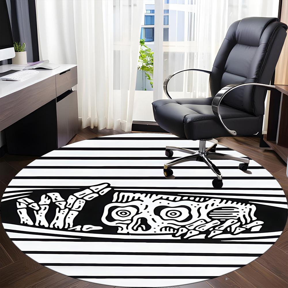 1pc Skull Stripes Office Round Area Rug,  Mat Suitable For Office, Under Office Chairs Bedroom Living Room Home Decor, Room Deco