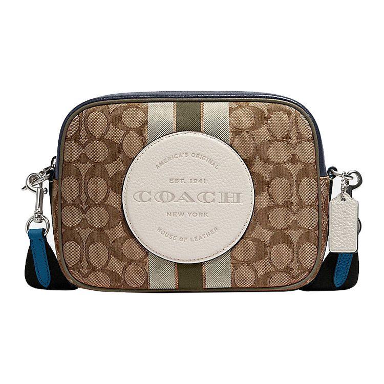 Coach Dempsey 21 Monogram Stripe Canvas And Leather Crossbody Camera Bag Women bags White Brown 1912-SVR1V