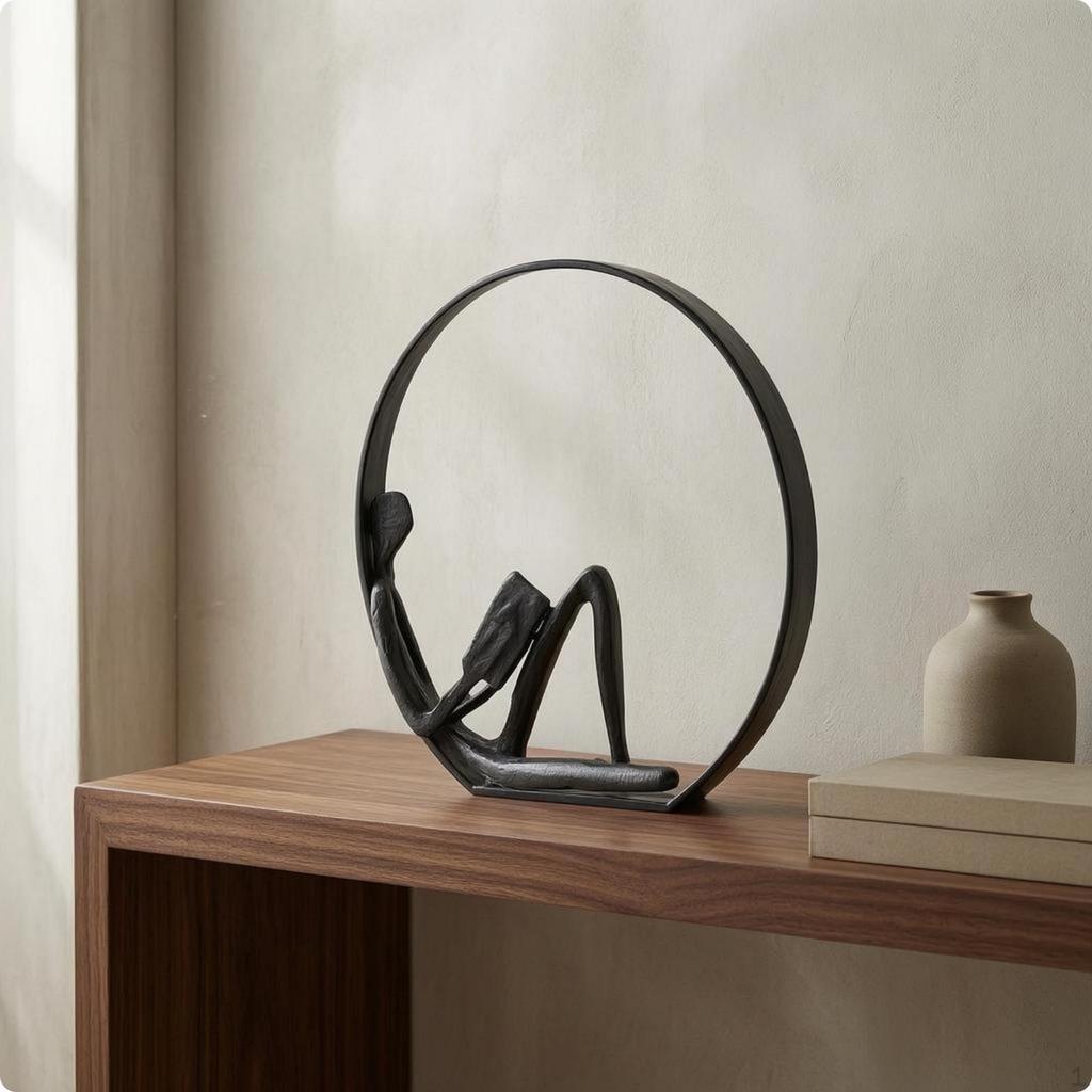 Reading Figure Sculpture Minimalist Metal Desk Ornament Modern Style Circular Hoop