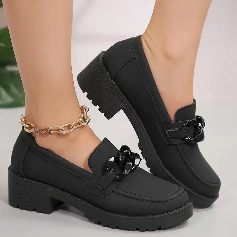 New Women Spring Autumn Loafers Round Toe Chunky Heel Shoes Sheep Suede Shoes for Women Retro Metal Buckle Platform Women Shoes