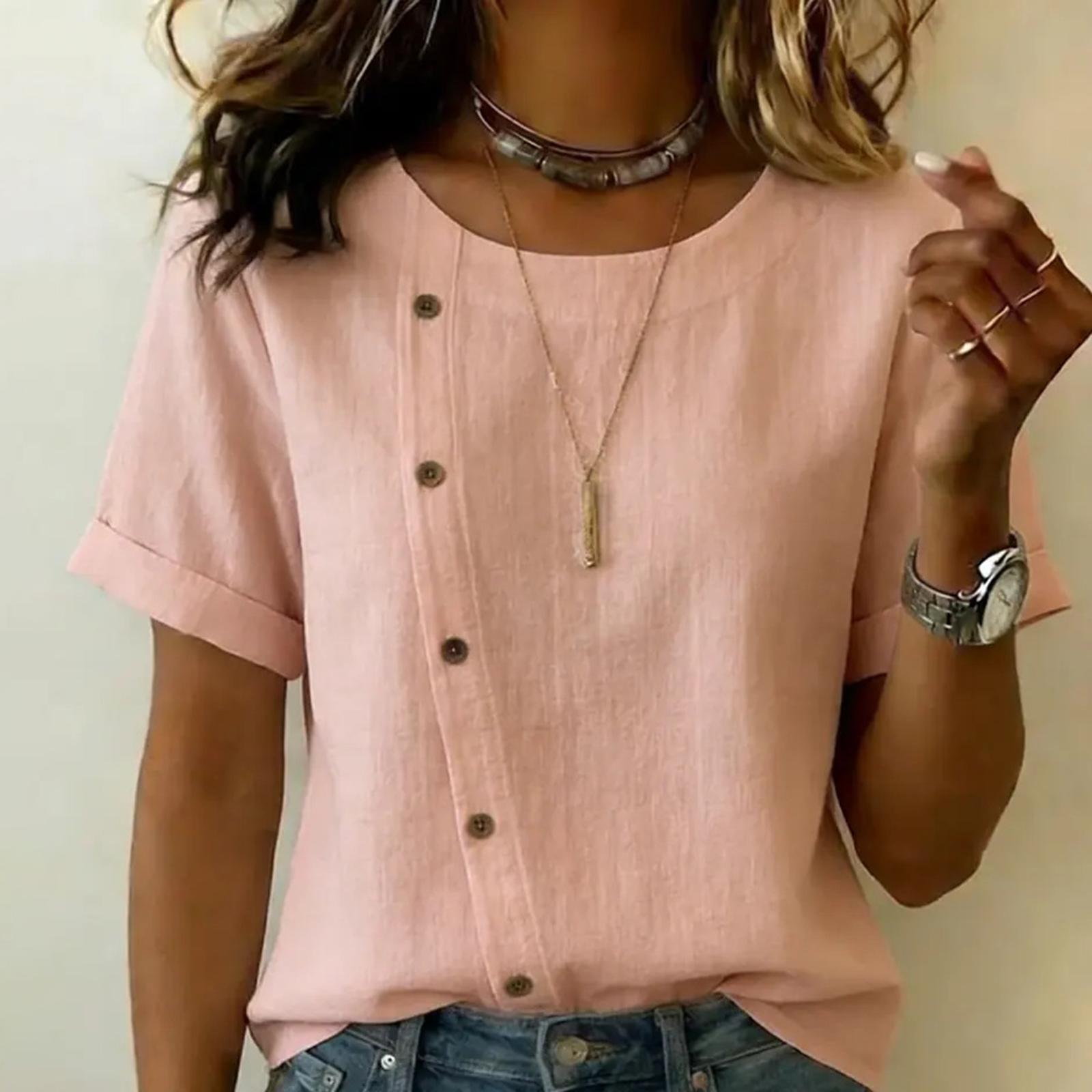 Women s Fashionable And Casual Button Decoration Cotton And Linen Short Sleeved Top L розовый