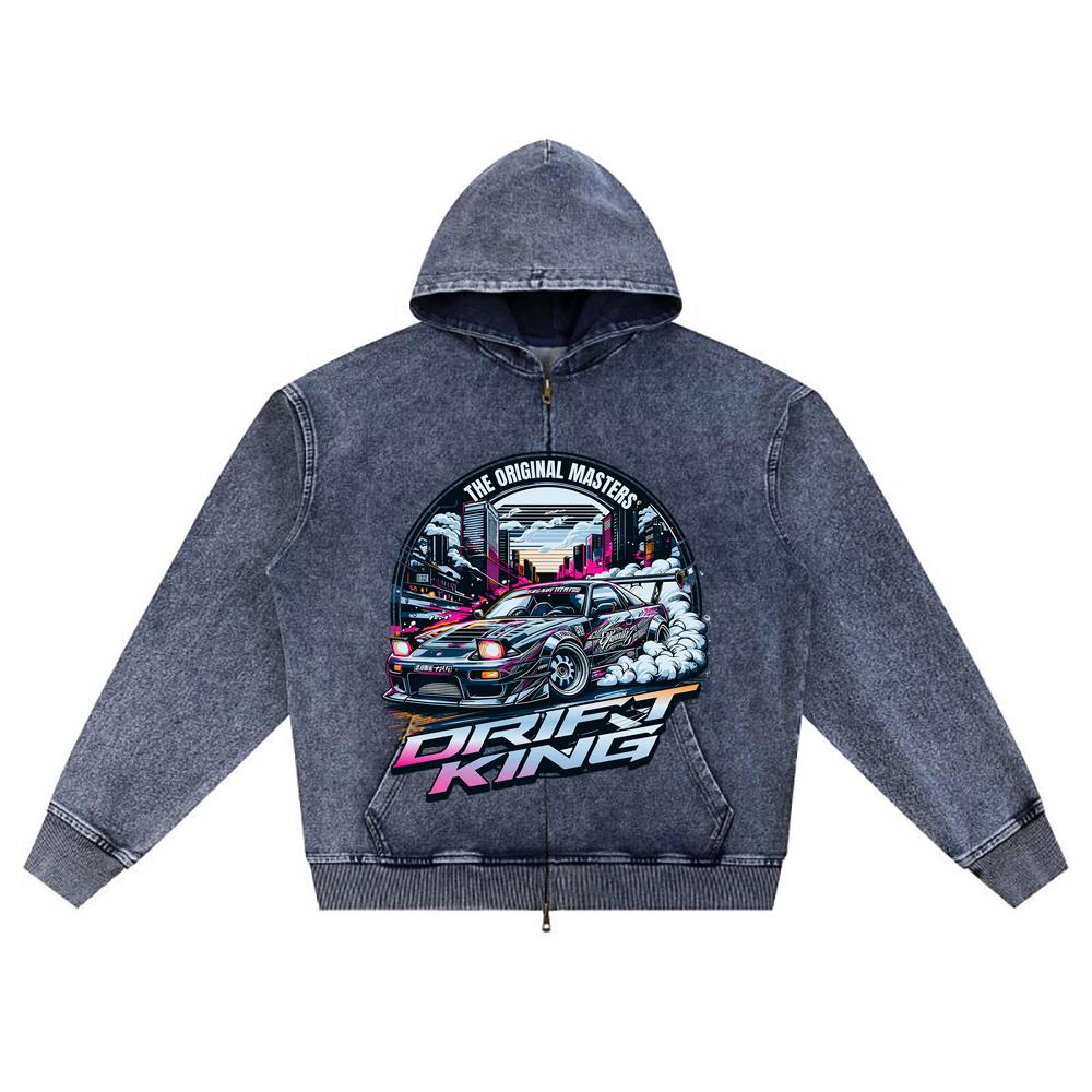 DTG print Knitted Denim Zip-Up Hoodie Drift King Brother Print Zipper Hoodies  