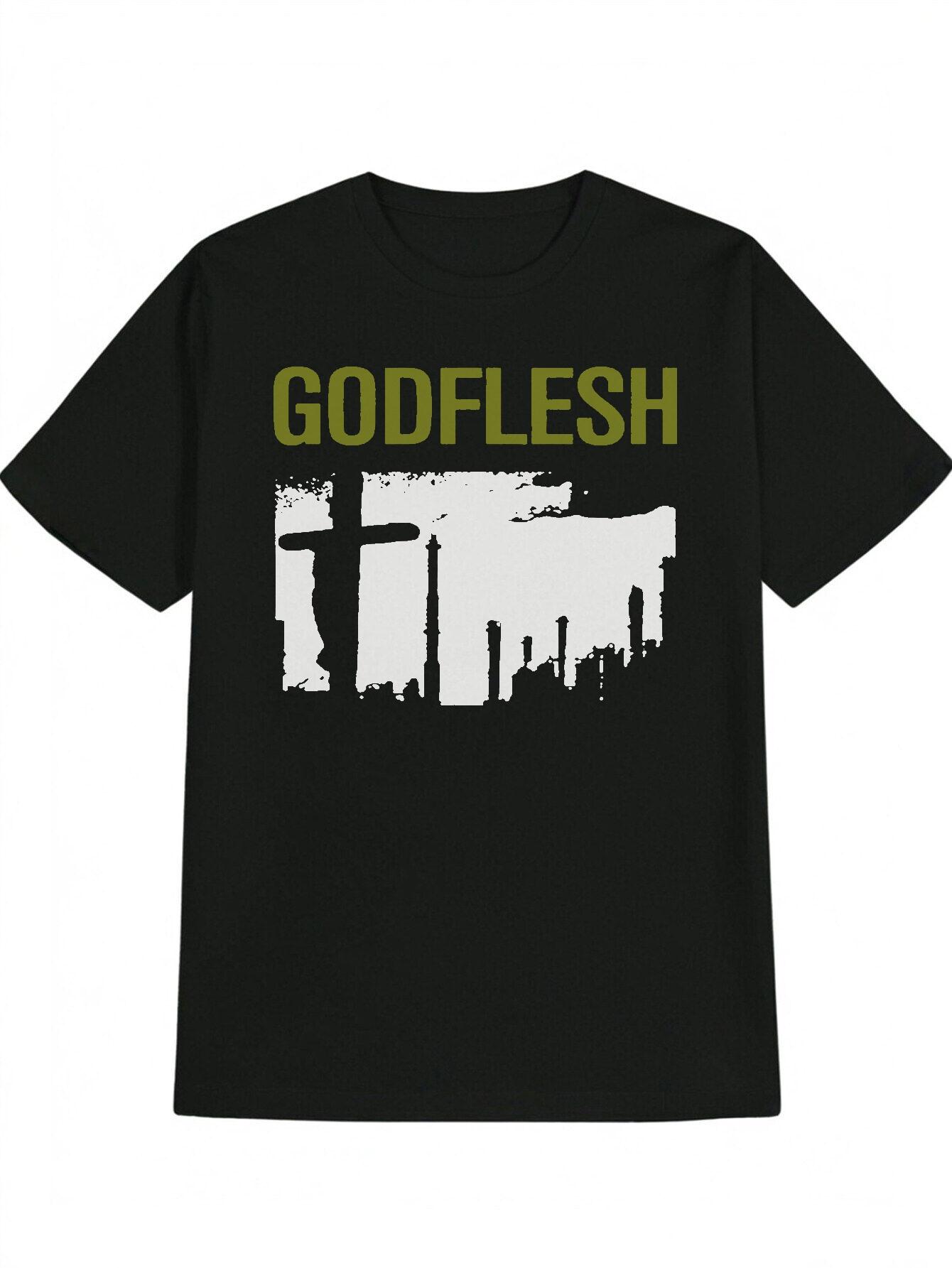 Casual Graphic T-shirt - Olive Green Distressed GODFLESH Print & Industrial Cross Design M