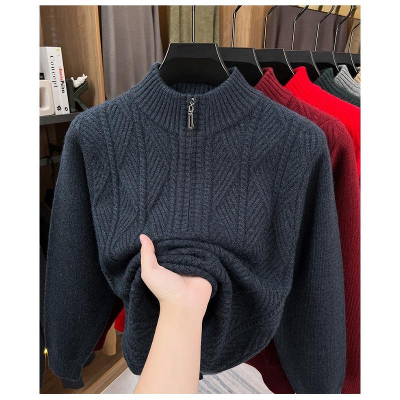 Mens Half Zip Thickened Pullover Knit Sweater Business Casual Warm Winter Bottoming Top