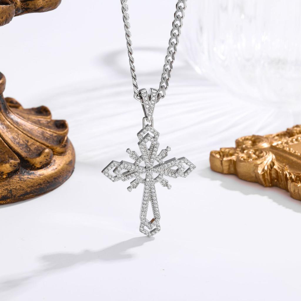 2026 Stone Cross Necklace Fashion Light Luxury Necklace Jewelry Premium Jewelry Full Diamond Men's Necklace