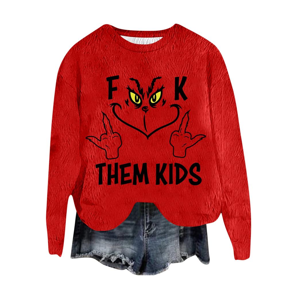 Women's Fashion Round Neck Pullover Top Long Sleeve Tee Christmas Printed Sweatshirt