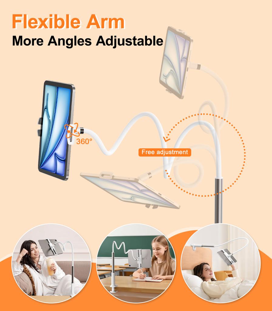 Oatsbasf Gooseneck Tablet Holder for Bed Lying Down w/ Clamp Flexible Arm Overhead Phone Mount for Desk Bedside Cell Phone Stand