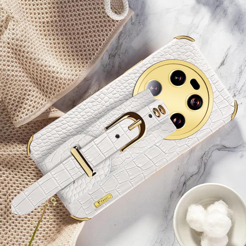 

For Xiaomi 13 Ultra Electroplating Phone Case PU Leather Coated TPU Cover with Wristband Kickstand White
