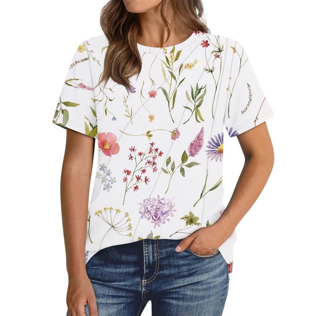 Women's Fashion Casual Floral Print Pullover Short Sleeve Top