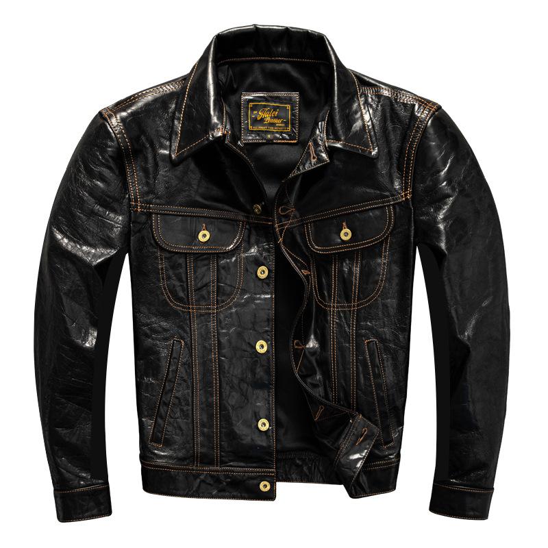 PU Leather Jacket Men's Knight Lapel Short Denim Leather Jacket
