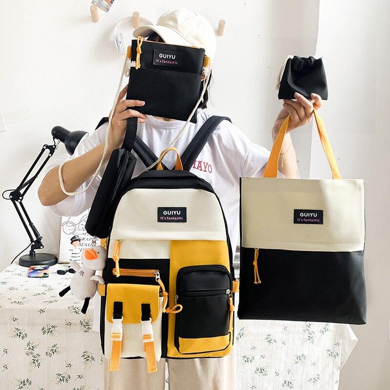 2021 5-teiliges Set Canvas-Rucksack Mode Damen Rucksäcke Wasserdichter Reiserucksack Schulrucksack Rucksack mit hoher Kapazität