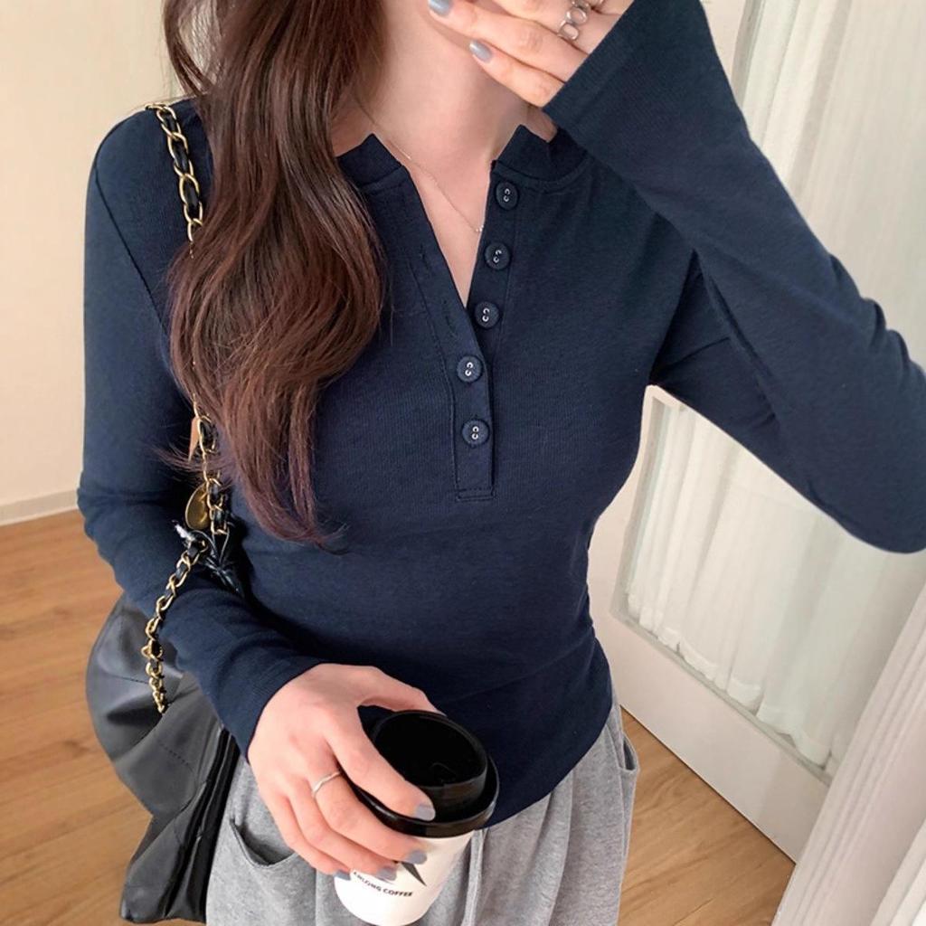 Plus Size Women's Spring/Autumn Long Sleeve Half-Open Neck Slimming Base Layer Top - Korean Style