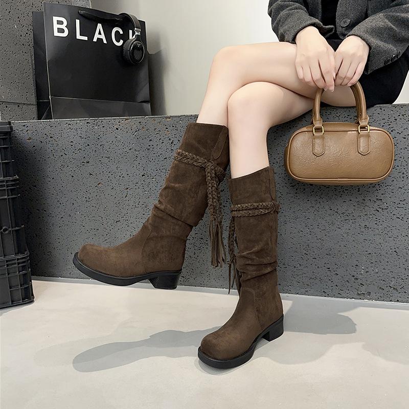 Retro Western Cowboy Boots Women's 2025 Spring and Autumn New Long Boots Thick-soled Heightening Versatile High Boots
