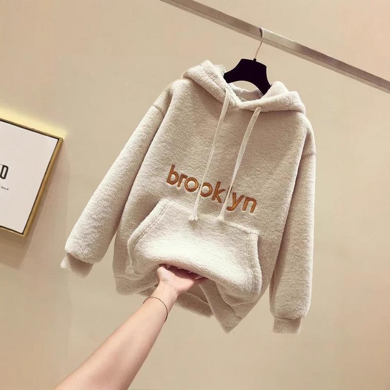 Women's 2024 Autumn/Winter Korean Style Lambswool Hooded Sweatshirt - Loose Fleece-Lined Thick Top
