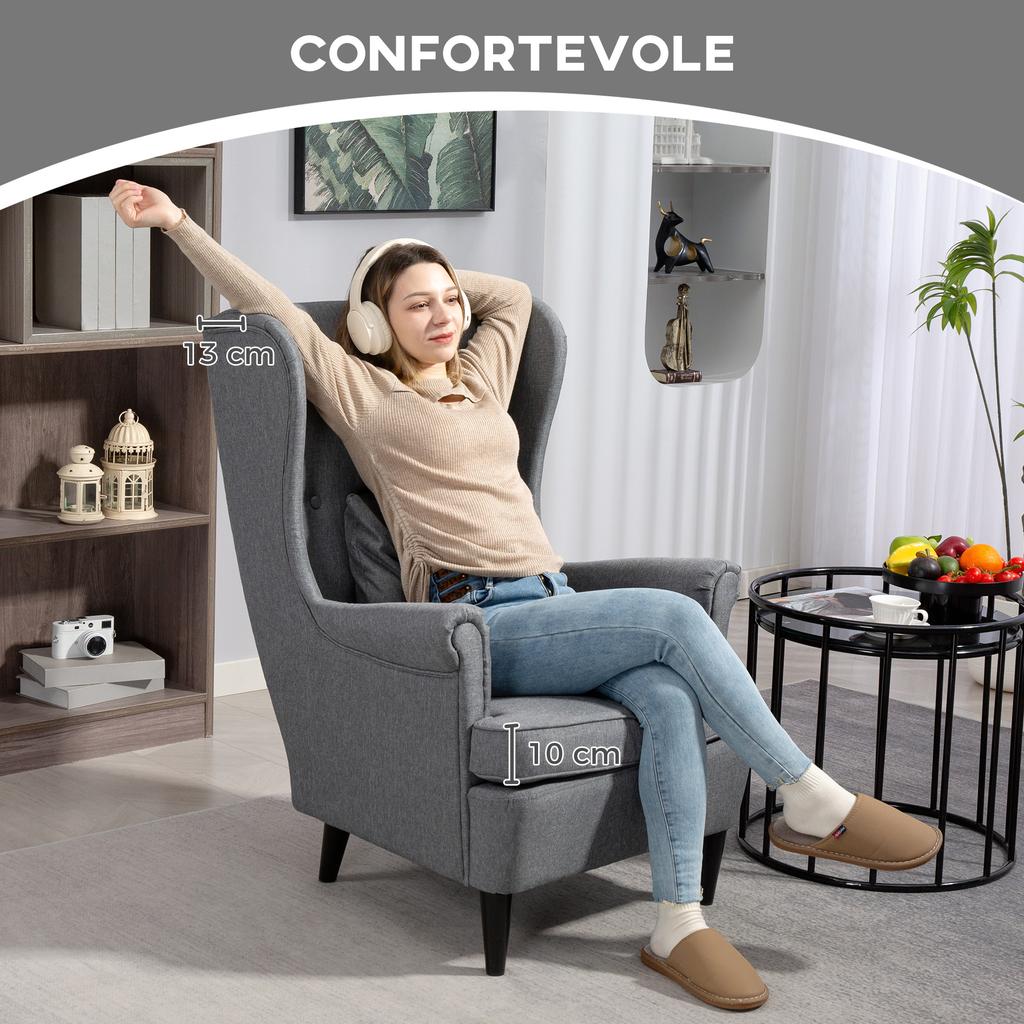 Living Room Armchair in Fabric with Footstool Pouf, High Backrest and Cushion, 75x83x104 cm, Grey