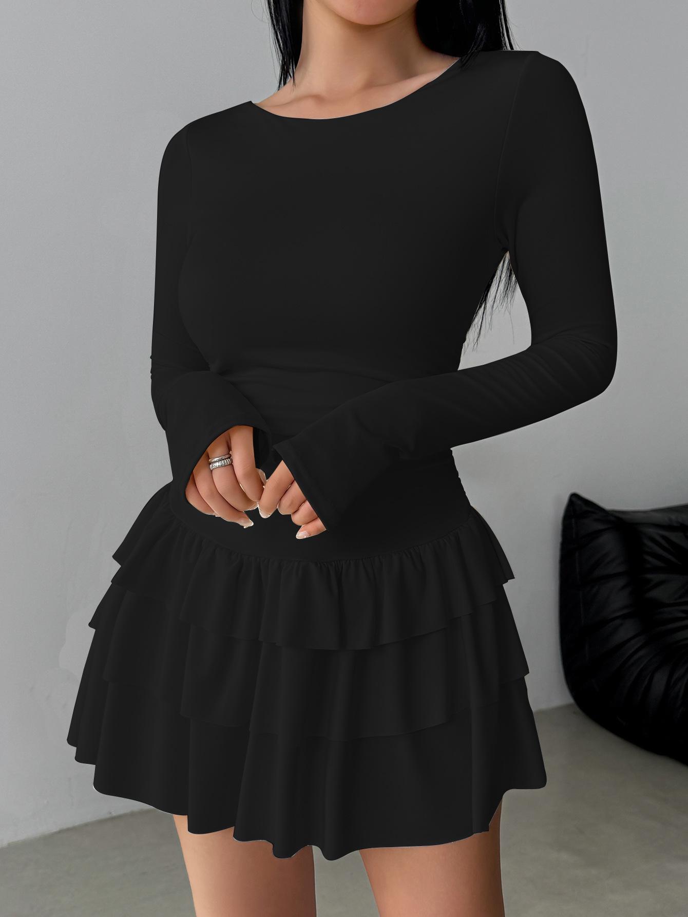 Elegant Patchwork Slim-Fit Waist-Cinching Lace Sleeve Women s Dress with Cake Skirt M чёрный
