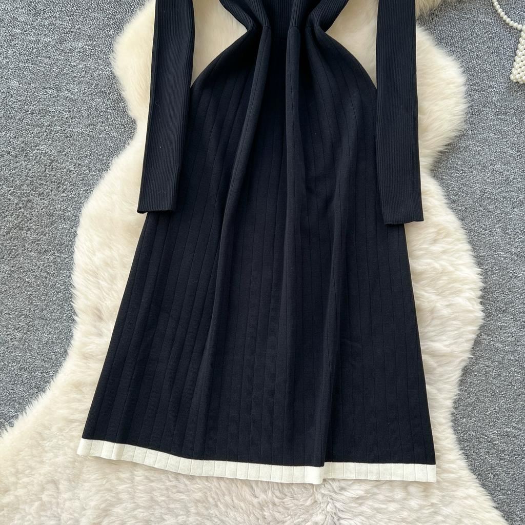 Autumn Winter Women Casual Square Collar Full Sleeve Knitted Sweater Pullover Dresses