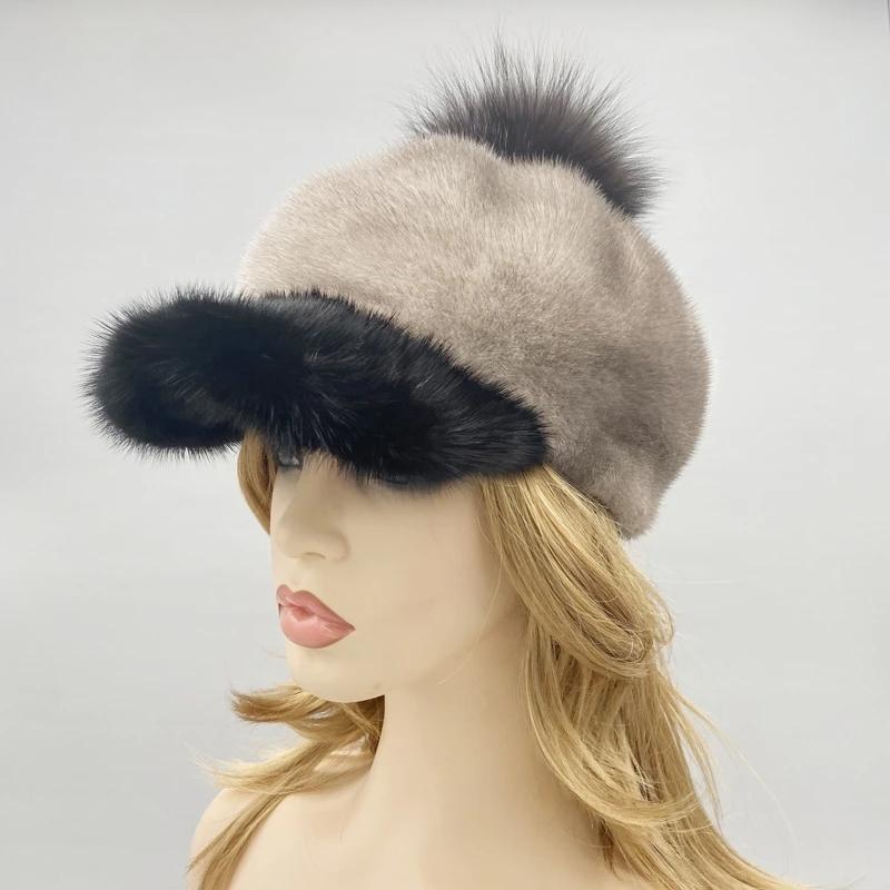 Mink Fur Hats for Women Brim Pompom Hat Winter Warm Solid Genuine Luxury Fur Baseball Cap High Quality Female Stylish Headwear
