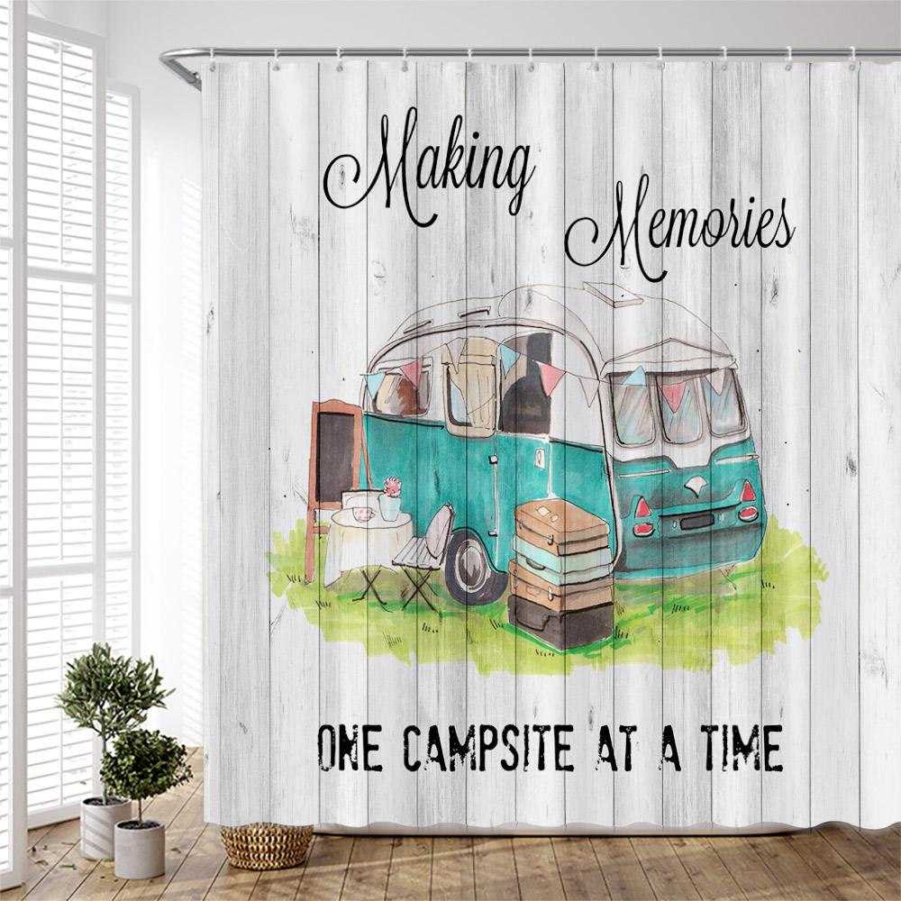 Forest Camping Poster Shower Curtain Camper Car Woods Bathroom Bath Decors Outdoor Landscape Backdrop Cloth 3D Room Curtains Set