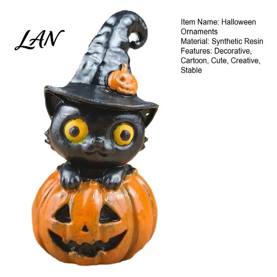 Spooky Tabletop Centerpieces Halloween Black Cat & Pumpkin Resin Ornaments, Cute Desktop Figurines, Office Desk Seasonal Ornaments Cartoon And Statue