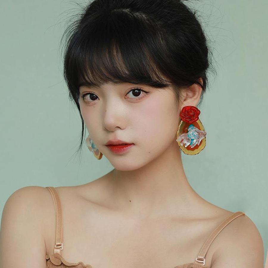 Silver Needle Transparent Goldfish Red Flower Earrings Personality Exaggerated Design Earrings High-end Fashion Niche Earrings Women
