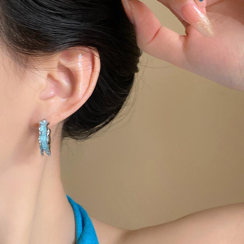 Silver Needle C-Shaped Folded Crystal Earrings Dopamine Sweet Versatile Earrings Korean Summer Small Fresh Earrings