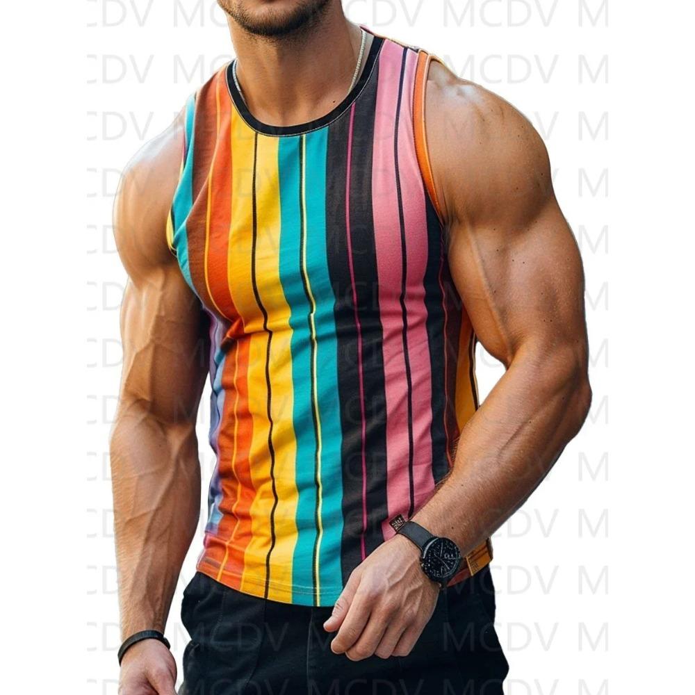 Men s Vertical Stripes Colorful Print Round Neck Casual Tank Top 3D Printed Tank Tops Men Summer Tops S