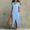 Vestido Camisa Largo Casual de Manga Corta con Cuello Solapa, Botones y Bolsillo para Mujer