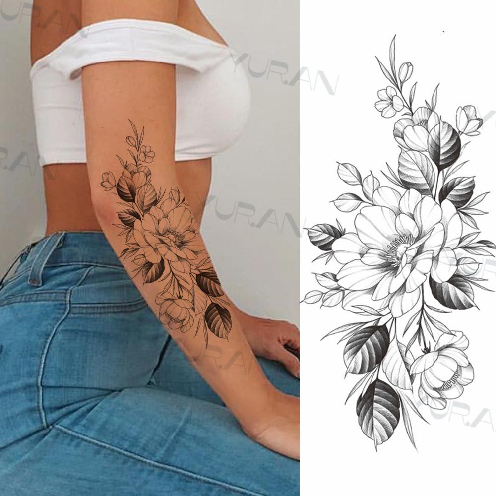 Zwarte Grote Slang Bloem Fake Tattoo Sticker Voor Vrouwen Dot Rose Pioen Tijdelijke Tattoos DIY Water Transfer Tatoos Meisjes