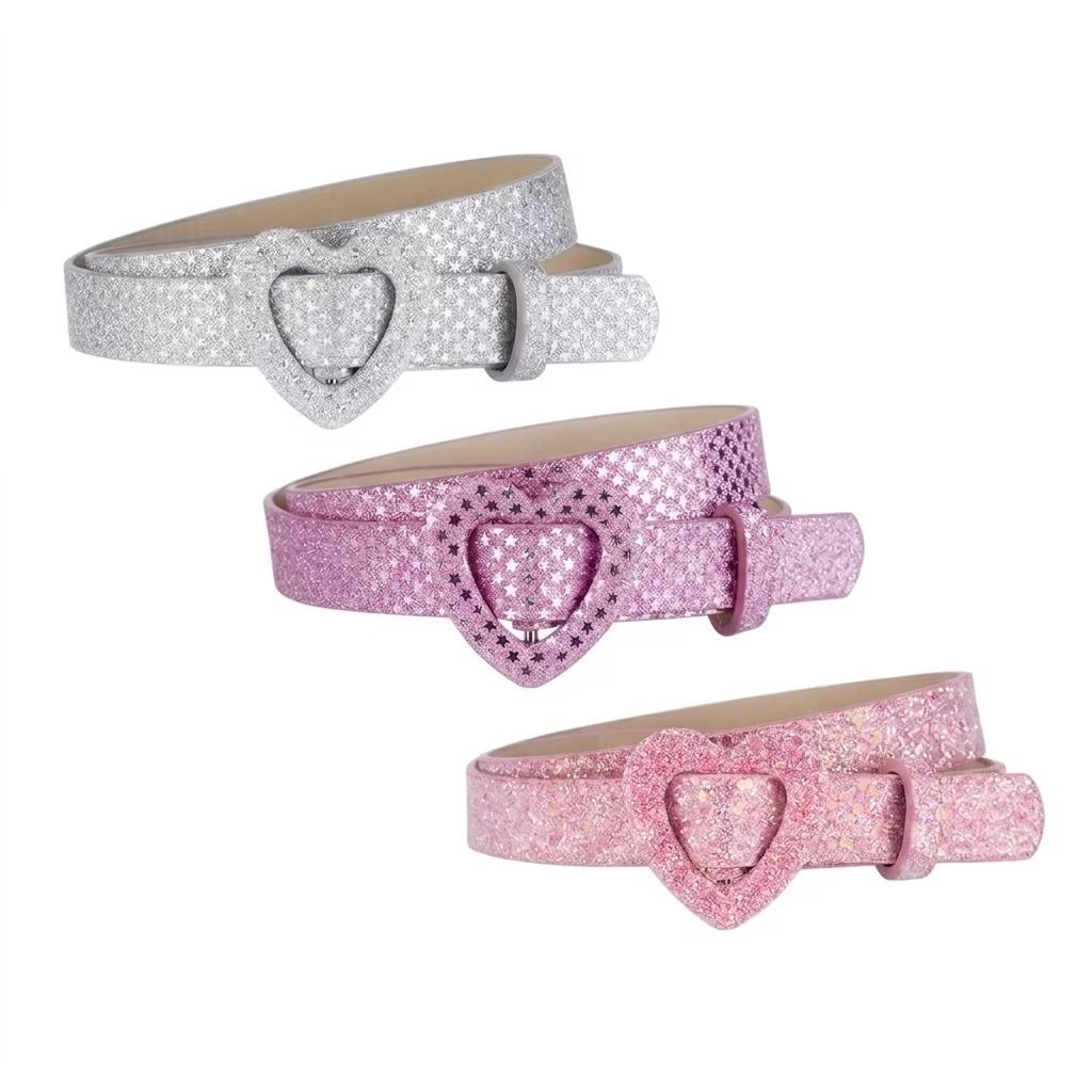 3 Pack Girls Belts Silver Glitter Star Heart Buckle Adjustable PU Leather 0.8 Inch Thin