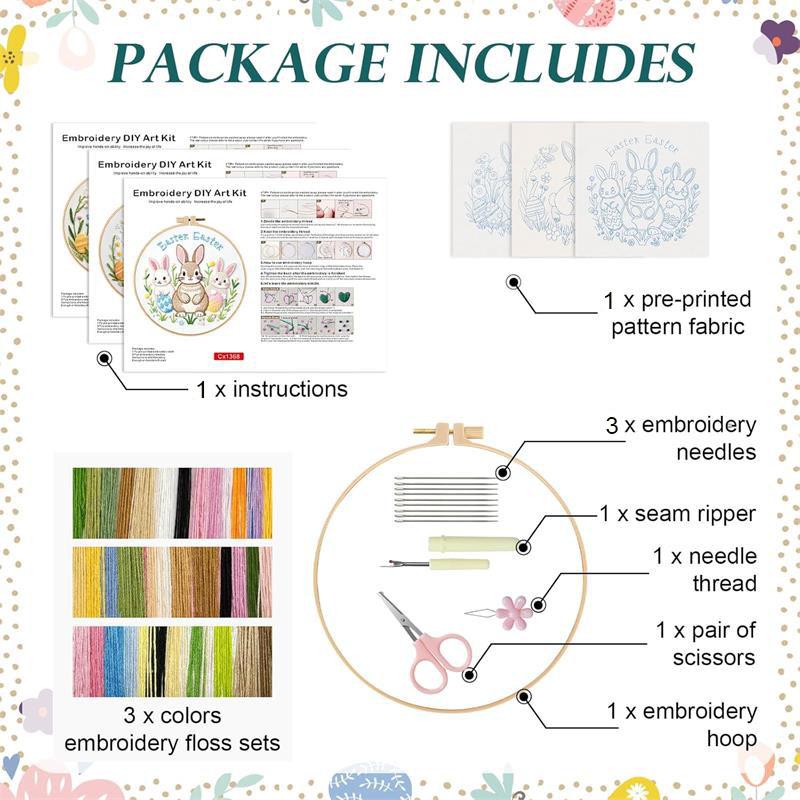 Easter Embroidery Kit for Beginners, DIY Hand Embroidery Set with Bunny Egg Floral Patterns, Including Hoop Thread Needles, Easter Craft Sewing Gift