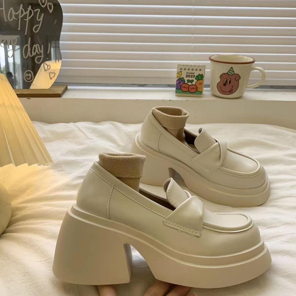 New High Platform Loafers Women Black Heeled Slip On Shoes Woman Faux Leather Heels Female Driving Loafers Chunk Block Heel Shoe