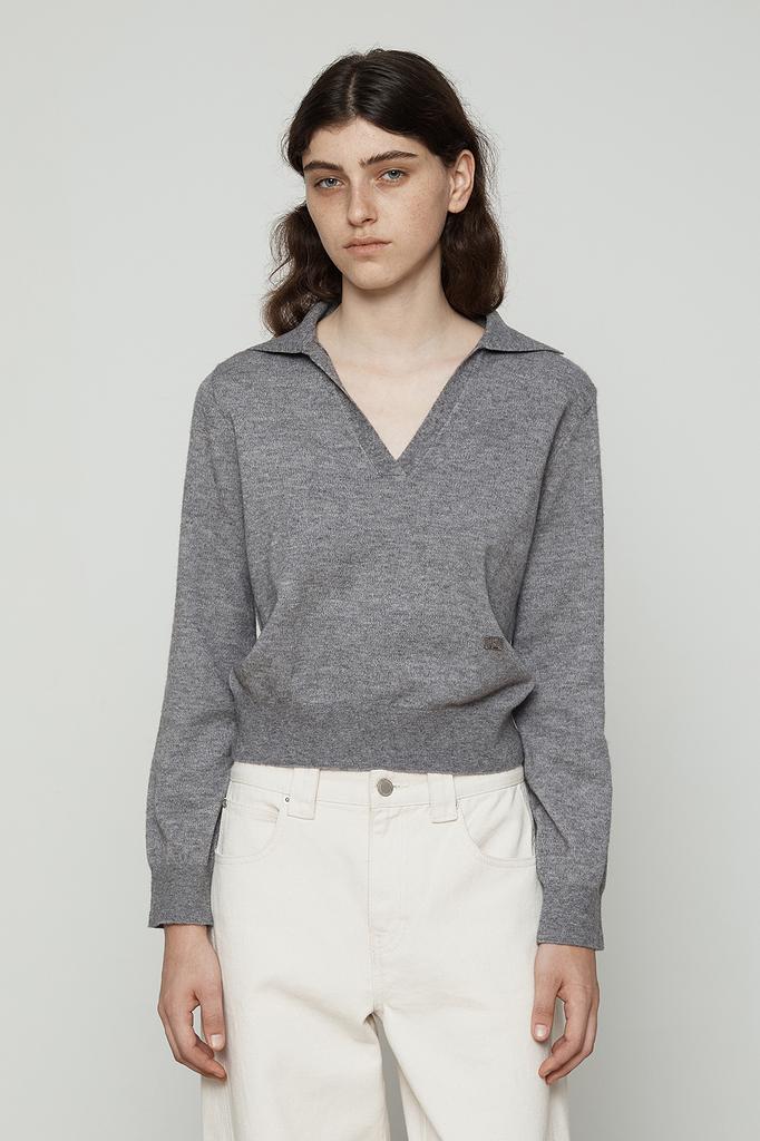 CURRENT Collared V-Neck Knit Long Sleeve [Charcoal]