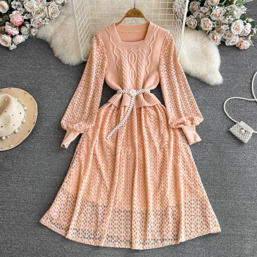 

Весенне-осенний женский вязаный свитер, кружевные лоскутные платья, квадратный воротник, рукава-фонарики, трикотаж