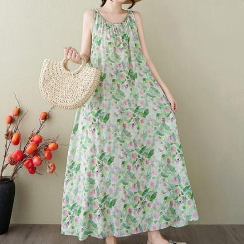 Navava Watercolor Flower Printing Sleeveless Dress No935