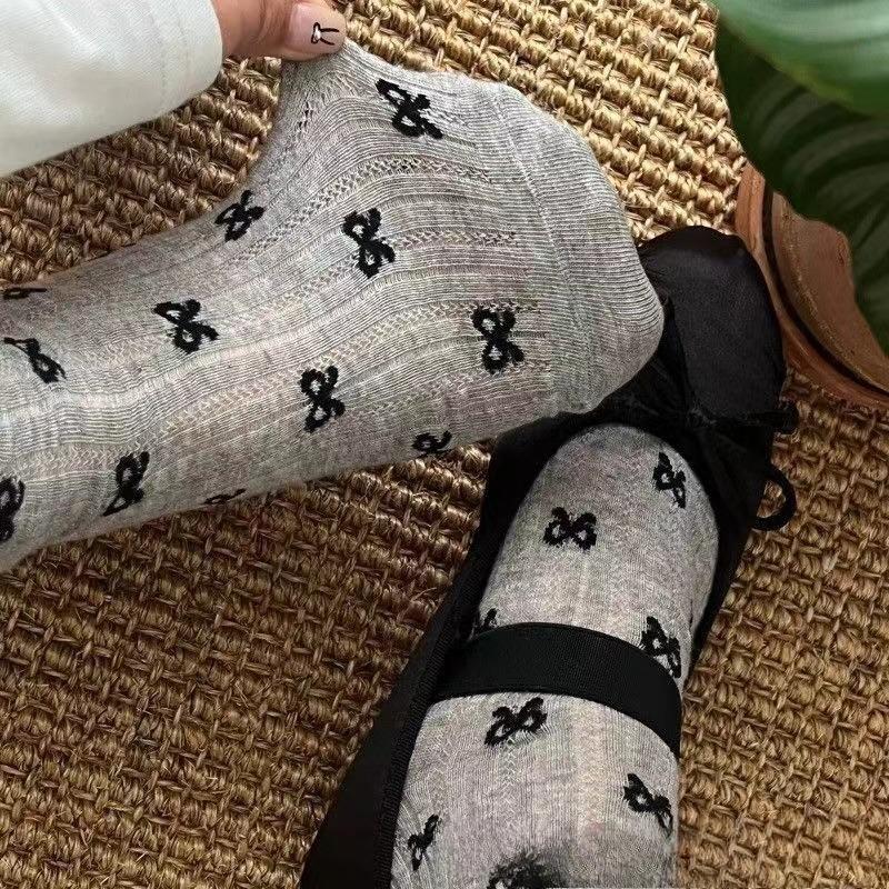 4 Pairs Women Polka Dot Bow Mid Tube Socks Summer Thin Lightweight Breathable Flower Border Sweet Girly Heart Pile Long Socks