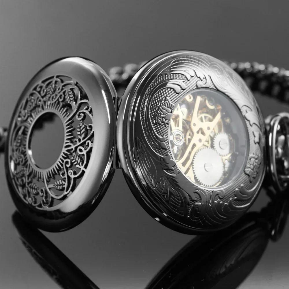 Black Vintage Skeleton Engraved Mechanical Pocket Watch with Chain Fashion Men Women Hand Winding Blue Roman Numerals Clock