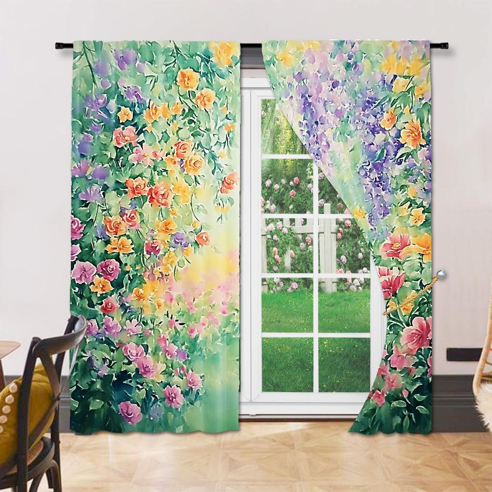 Set Of 2 Colorful Floral Plant Printed Window Curtain Living Room Bedroom Home Decor Design Privacy Protection Polyester Perfect For Area
